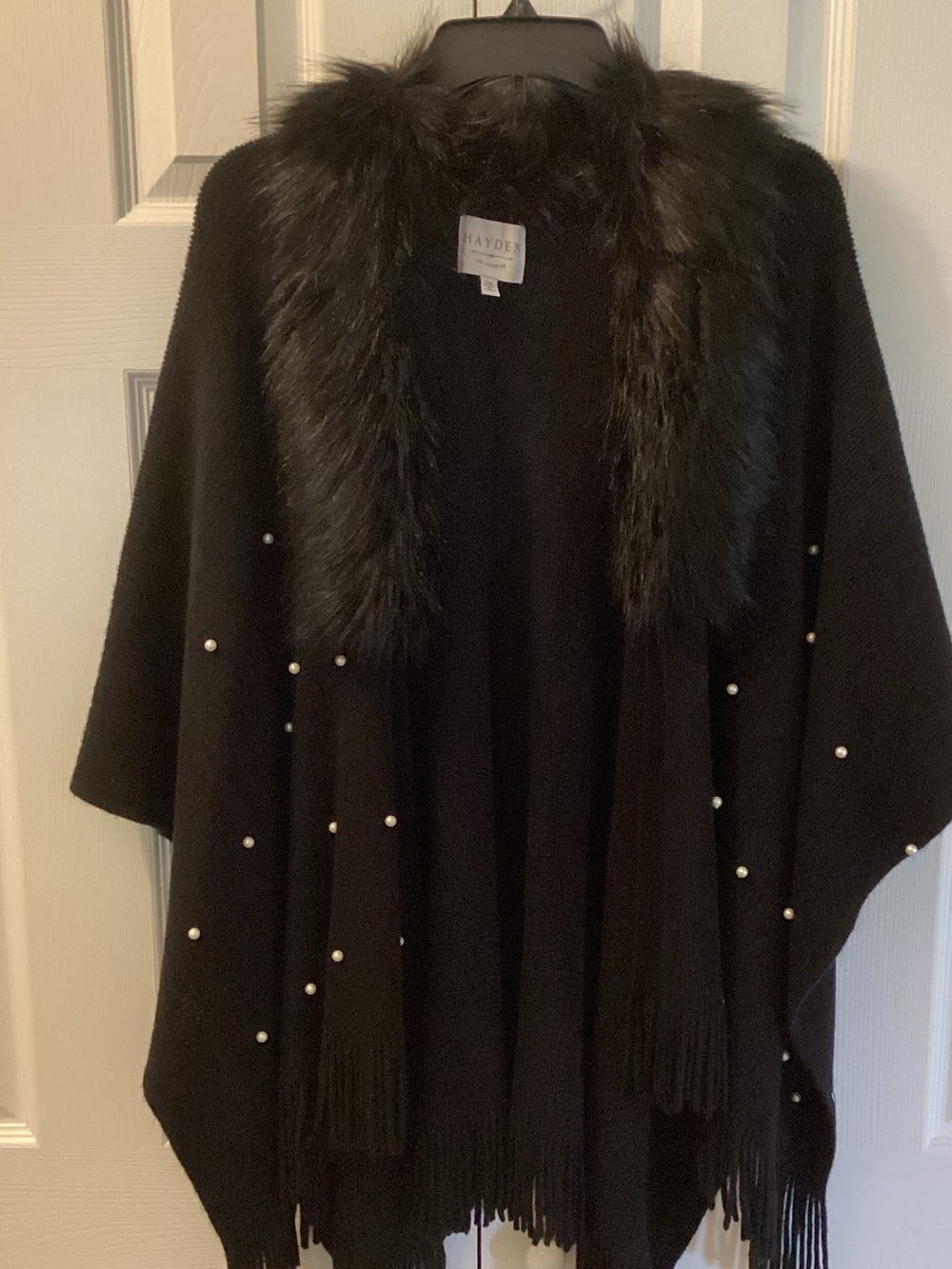 Hayden Black Pearl-Embellished Faux Fur Trim Poncho